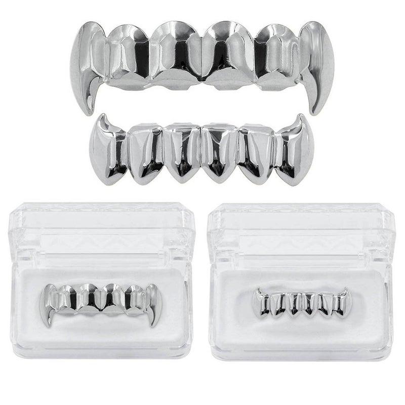 JINAO Silver Vampire Fangs Teeth Grillz Face 18K Gold Plated Top Bottom Grills for Your Teeth Set for Men and Women Hip Hop Jewelry (Silver grillz) - Image 3